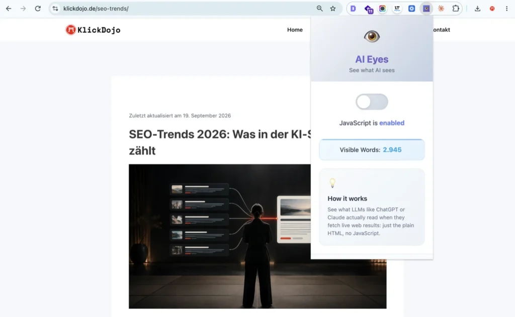 AI Eyes auf klickdojo.de/seo-trends/ mit aktiviertem JavaScript