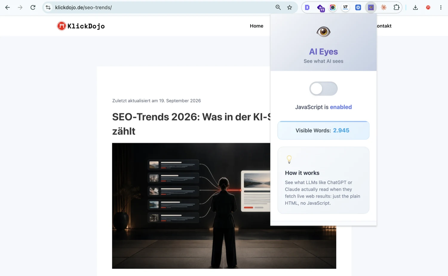 AI Eyes auf klickdojo.de/seo-trends/ mit aktiviertem JavaScript
