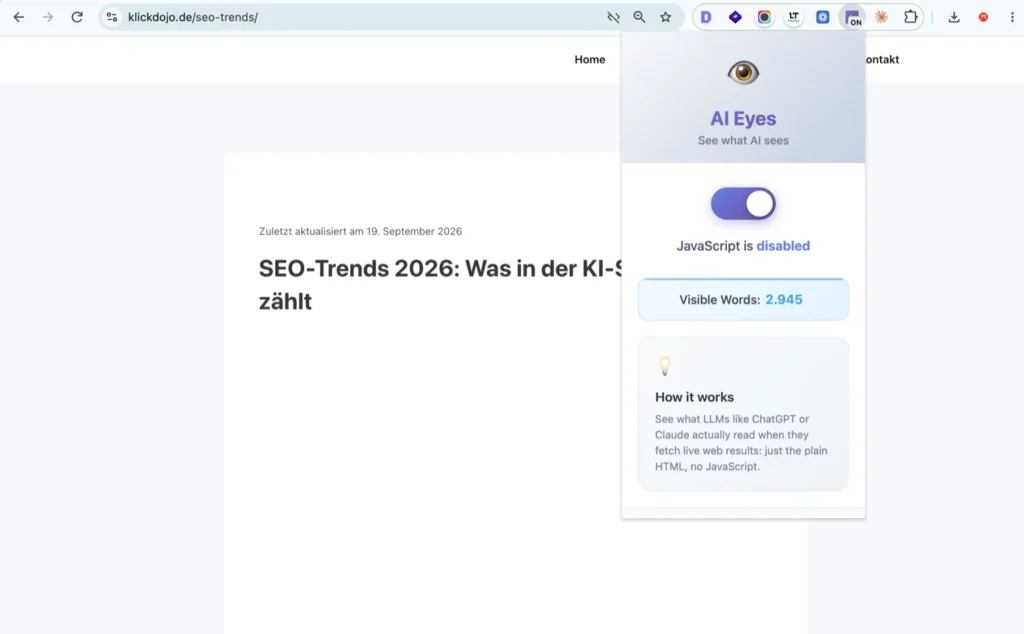 AI Eyes auf klickdojo.de/seo-trends/ mit deaktiviertem JavaScript