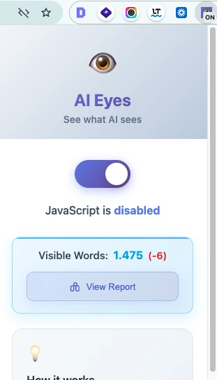 AI Eyes mit deaktiviertem JavaScript: Wortzähler mit Differenz und Button „View Report“