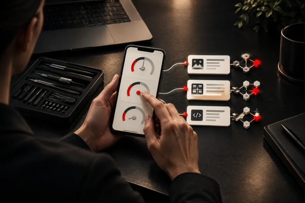 Eine mobile Website wird anhand von Ladezeit, Reaktion und Layoutstabilität geprüft.