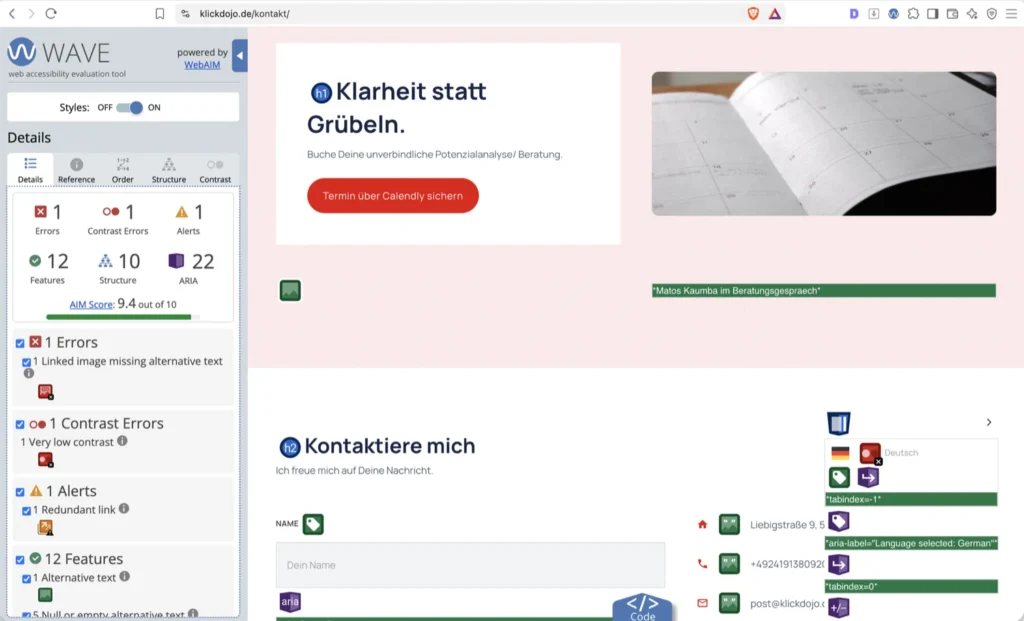 WAVE-Auswertung der Kontaktseite von klickdojo.de