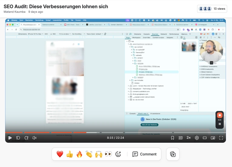 Standbild aus einem SEO Sprint-Audit-Video: Website-Analyse in den Chrome-Entwicklertools, Kundendaten unkenntlich gemacht