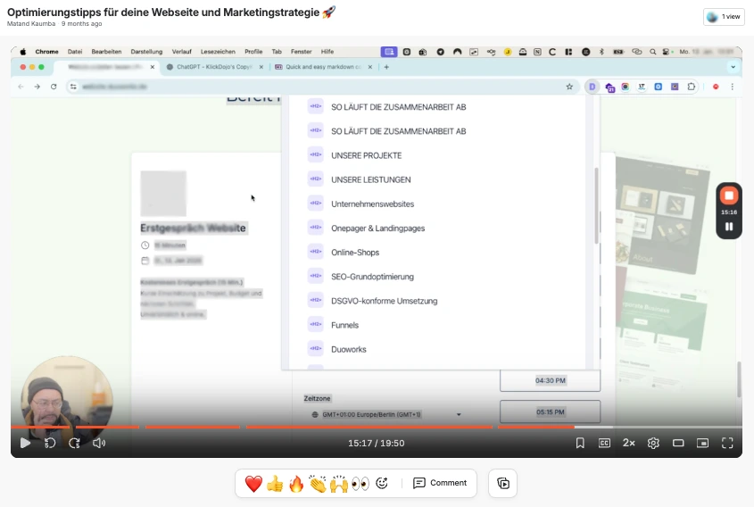 Ausschnitt aus einem SEO Sprint-Audit-Video: Prüfung der Überschriften-Struktur einer Website, Kundendaten unkenntlich gemacht