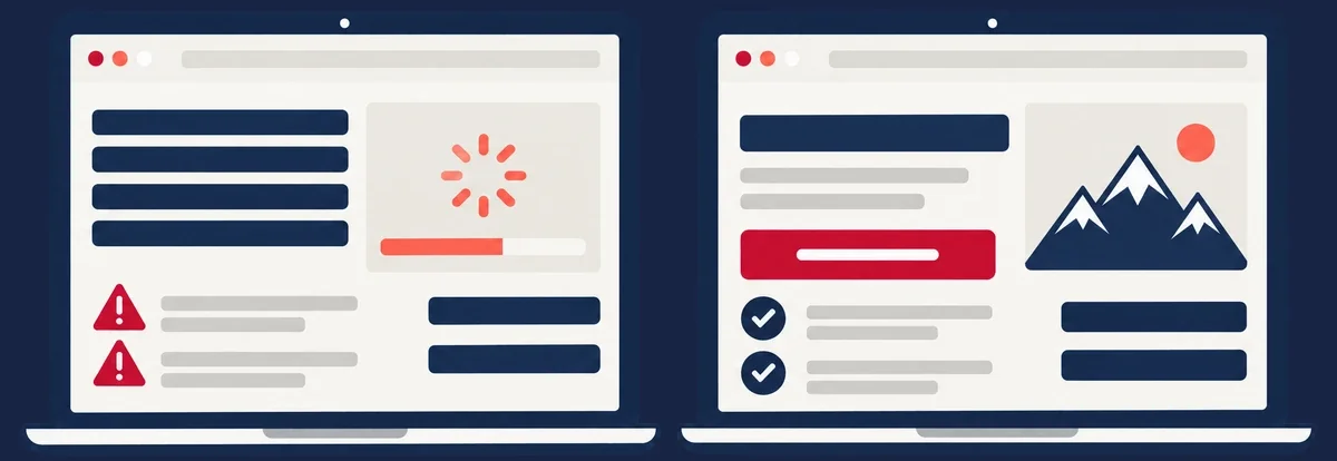 SEO Paket einmalig: dieselbe Website vor und nach dem Fundament-Sprint, links unübersichtlich, rechts klar strukturiert